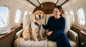 Happy golden retriever sitting on a cream seat inside a luxury private jet with its smiling female owner