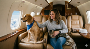 'Flying with dog from dubai to london'. A smiling woman with curly brown hair sits in a luxurious private jet cabin, petting a golden retriever wearing a blue bandana. The dog is looking out a large cabin window at clouds. A tabby cat is sleeping in the woman's lap. The high-end cabin features tan leather seats and wood trim, with a pet bowl on a table